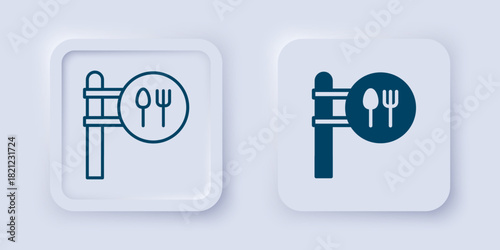 Filled and outline Cafe and restaurant location icon isolated on grey background. Fork and spoon eatery sign inside pinpoint. Square button. Vector.