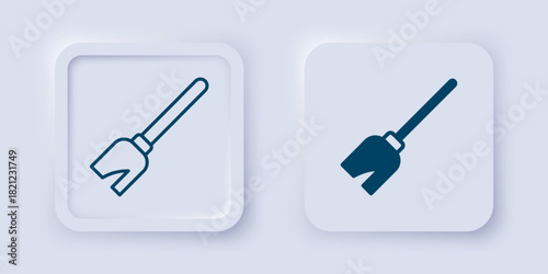Filled and outline Witches broom icon isolated on grey background. Happy Halloween party. Square button. Vector