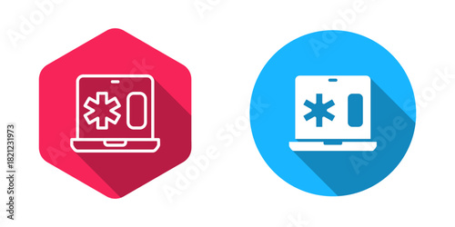Filled and outline Medical clinical record on laptop icon isolated with long shadow background. Health insurance form. Medical check marks report. Vector