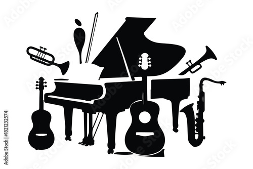 Black silhouette musical instruments ensemble grand piano