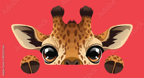 Adorable cartoon baby giraffe with big expressive eyes peeking out from a solid red background.