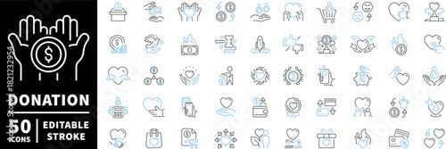 Charity and donation icons set. editable line icons, outline, fundraising symbols
