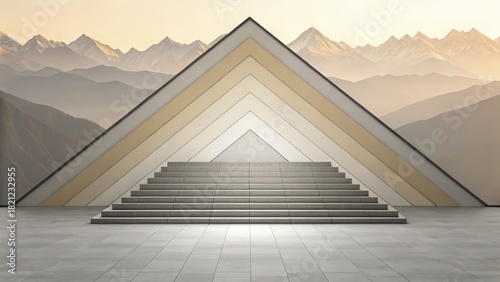 Geometric architecture with steps leading to a layered triangle and mountain backdrop