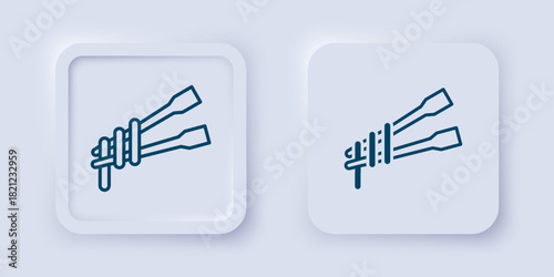 Filled and outline Food chopsticks with noodles icon isolated on grey background. Wooden Korean sticks for Asian dishes. Oriental utensils. Square button. Vector