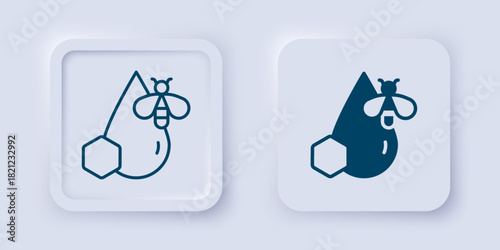 Filled and outline Bee and honeycomb icon isolated on grey background. Honey cells. Honeybee or apis with wings symbol. Flying insect. Sweet natural food. Square button. Vector