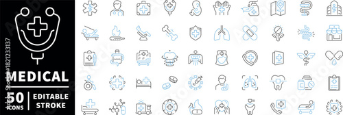 Medical and healthcare icons set. editable line icons, outline, health symbols