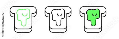 Set line Piece of bread with honey icon isolated on white background. Toast with jam or honey. Vector