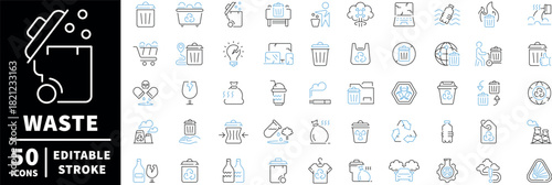 Waste management icons set. editable line icons with recycling and disposal symbols