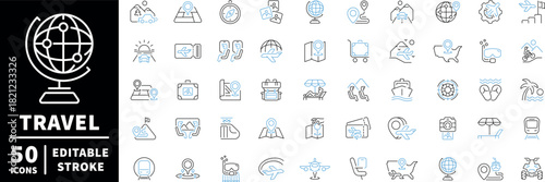 Travel and vacation icons set. editable line icons, linear adventure symbols