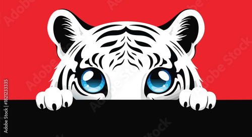 A cute white tiger cub with bright blue eyes peeking over a black surface against a red background.