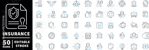 Insurance icons set. editable line icons, outline, protection and security symbols