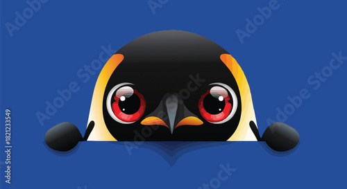 Cartoon penguin peeking over a blue surface with big red eyes and small black hands.