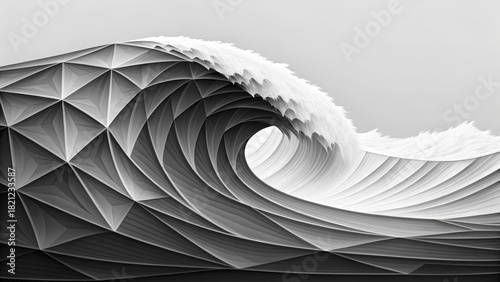 Geometric Ocean Wave Illustration in Black and White Art Deco Style