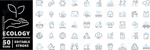 Ecosystem and conservation icons set. editable line icons, outline, nature, green