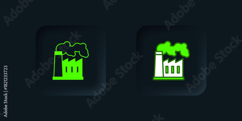 Green Oil and gas industrial factory building icon isolated on black background. Black square button. Vector