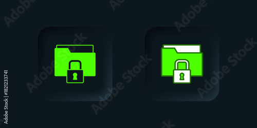 Green Folder and lock icon isolated on black background. Closed folder and padlock. Security, safety, protection concept. Black square button. Vector