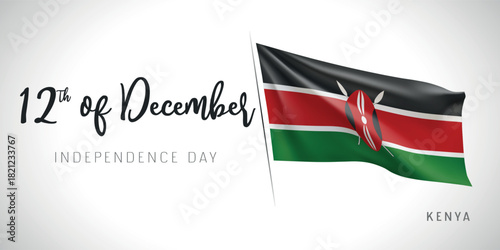 Kenya independence day vector banner, greeting card. Kenyan wavy flag in 12th of December patriotic holiday horizontal design with realistic flag