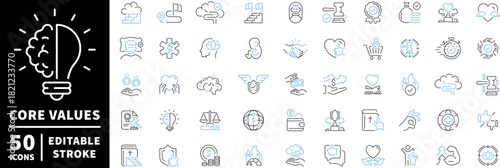 Core values icons set. editable line icons, outline, ethics and principles graphics