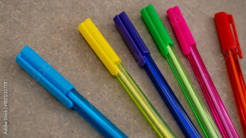 close-up of many colored pens
