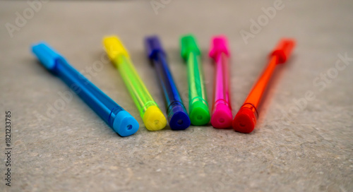 close-up of many colored pens