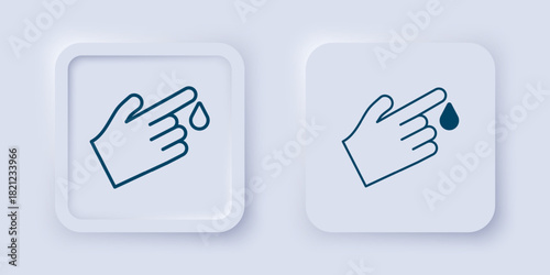 Filled and outline Hand finger with blood drops icon isolated on isolated on grey background. Diabetes, sugar blood. Square button. Vector