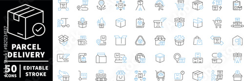Parcel delivery icons set. editable line icons, package and shipping symbols