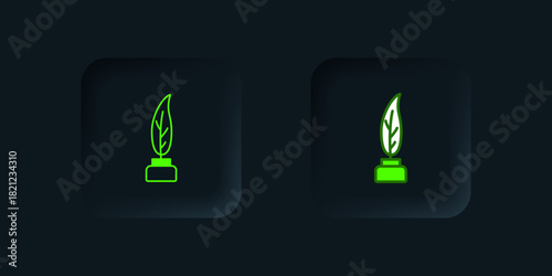 Green Feather and inkwell icon isolated on black background. Black square button. Vector