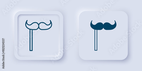 Filled and outline Paper mustache on stick icon isolated on grey background. Concept with cardboard carnival mask. Mask for a photo shoot. Square button. Vector