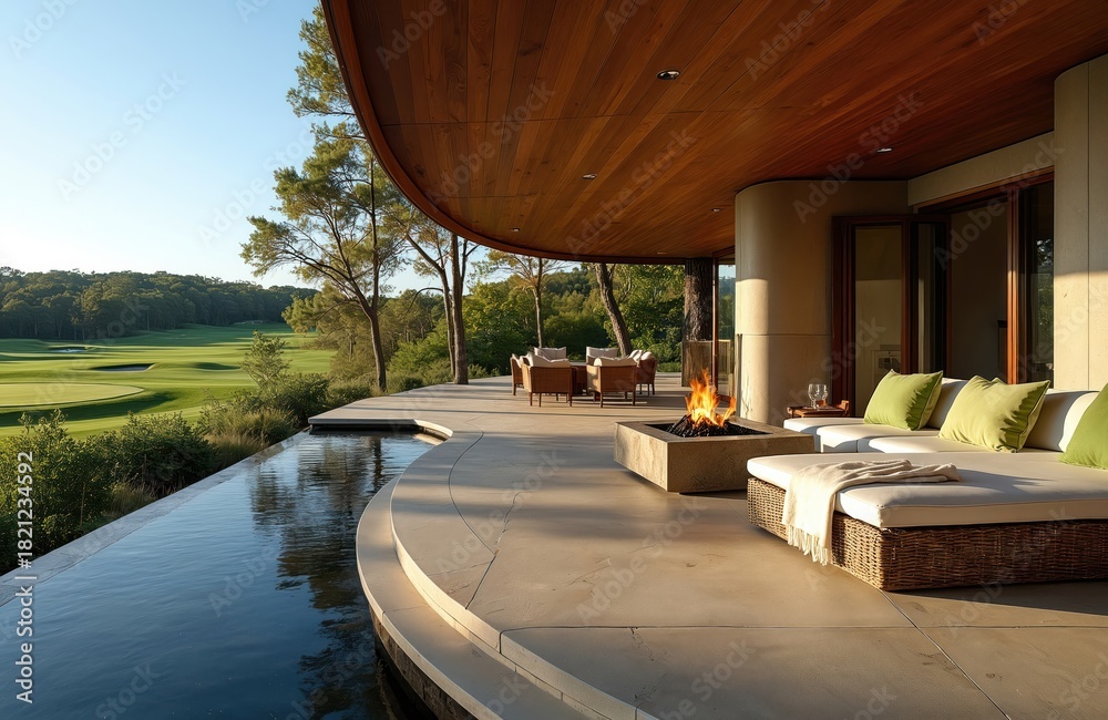 Obraz premium Modern patio with infinity pool and fire pit overlooks golf course. Rattan lounge furniture offers comfortable seating near outdoor dining set. Warm sun sets.
