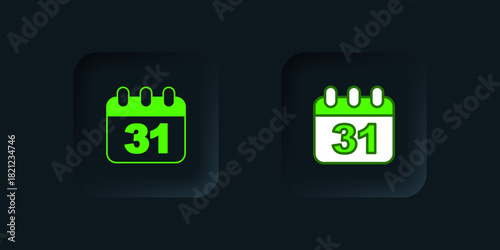 Green Calendar with Halloween date 31 october icon isolated on black background. Happy Halloween party. Black square button. Vector