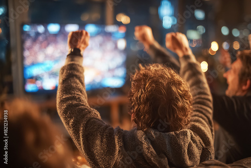 A group of friends celebrate a goal at a sports party, with a TV screen and bright lights in the background. Sports fans at the Super Bowl.