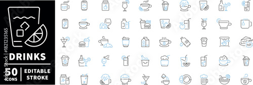 Drinks icons set. editable line icons, outline, beverages, and refreshment symbols