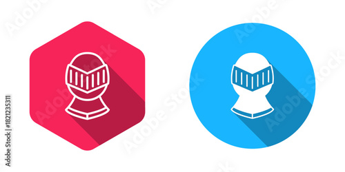 Filled and outline Medieval iron helmet for head protection icon isolated with long shadow background. Knight helmet. Vector
