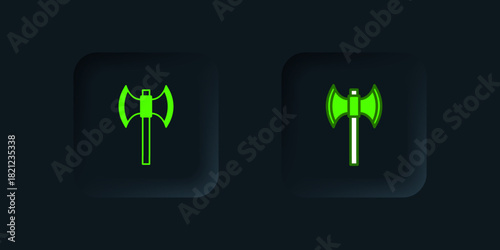 Green Medieval poleaxe icon isolated on black background. Black square button. Vector