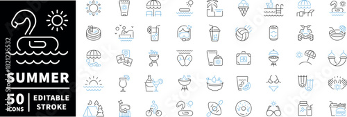 Summer activities icons set. line, editable line icons, beach and fun symbols