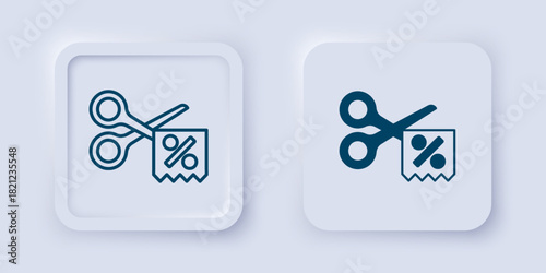 Filled and outline Scissors cuts discount coupon icon isolated on grey background. The concept of selling in an online supermarket at low prices or half the cost. Square button. Vector