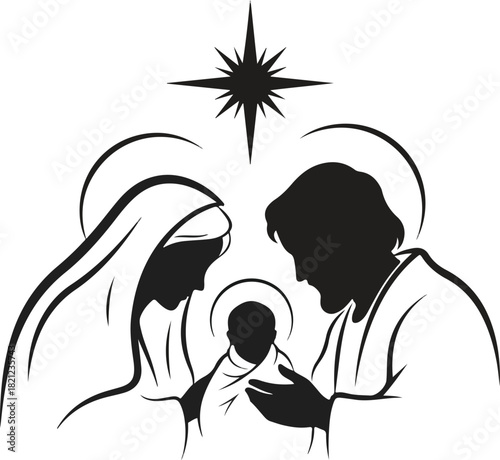 Silhouette of Holy Family: A serene silhouette portrays the Holy Family, capturing the essence of faith and devotion, a star shines above as a symbol of hope.