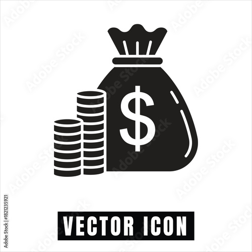 Black silhouette of a money bag with dollar sign and coins