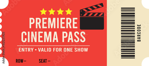 A vibrant red premiere cinema pass with a film strip graphic and barcode is displayed ready for use