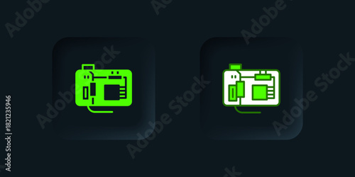 Green Electronic computer components motherboard digital chip integrated science icon isolated on black background. Circuit board. Black square button. Vector