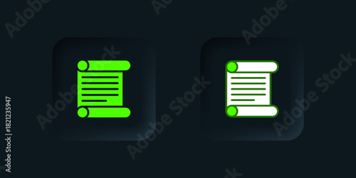 Green Decree, paper, parchment, scroll icon icon isolated on black background. Black square button. Vector