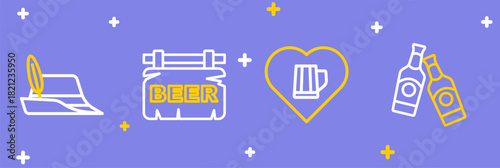 Set line Beer bottle, Heart with glass of beer, Street signboard and Oktoberfest hat icon. Vector