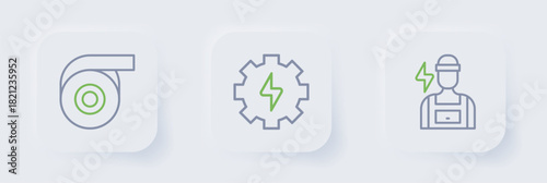 Set line Electrician, Gear and lightning and Roll adhesive tape icon. Vector