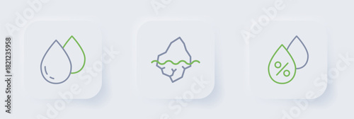Set line Water drop percentage, Iceberg and icon. Vector