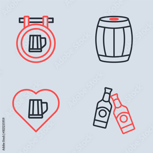 Set line Wooden barrel, Heart with glass of beer, Beer bottle and Street signboard icon. Vector