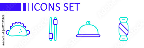 Set line Candy, Covered with tray of food, Food chopsticks and Taco tortilla icon. Vector