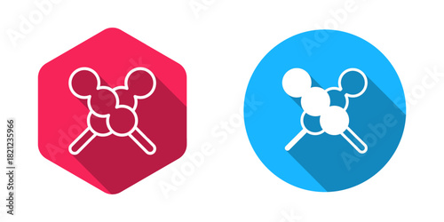 Filled and outline Meatballs on wooden stick icon isolated with long shadow background. Skewer with meat. Vector