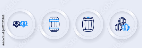 Set line Wooden barrel, and Pretzel icon. Vector