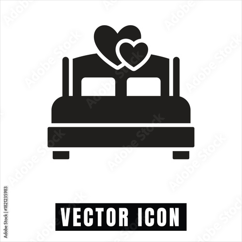 Romantic bed icon with two hearts symbolizing love