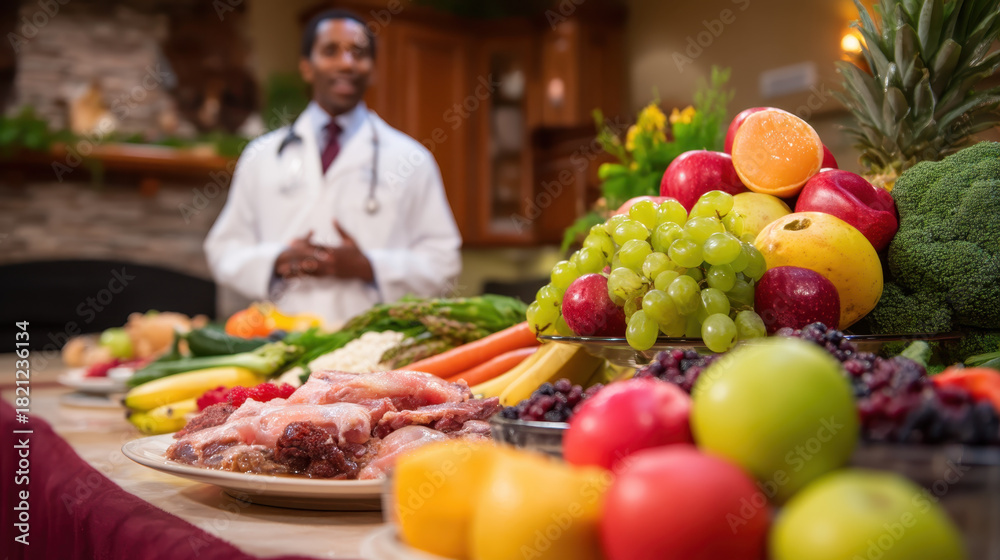 custom made wallpaper toronto digitalVariety of fresh fruits and vegetables, including apples, grapes, and broccoli, are displayed on table with doctor in background. setting suggests focus on healthy eating and nutrition